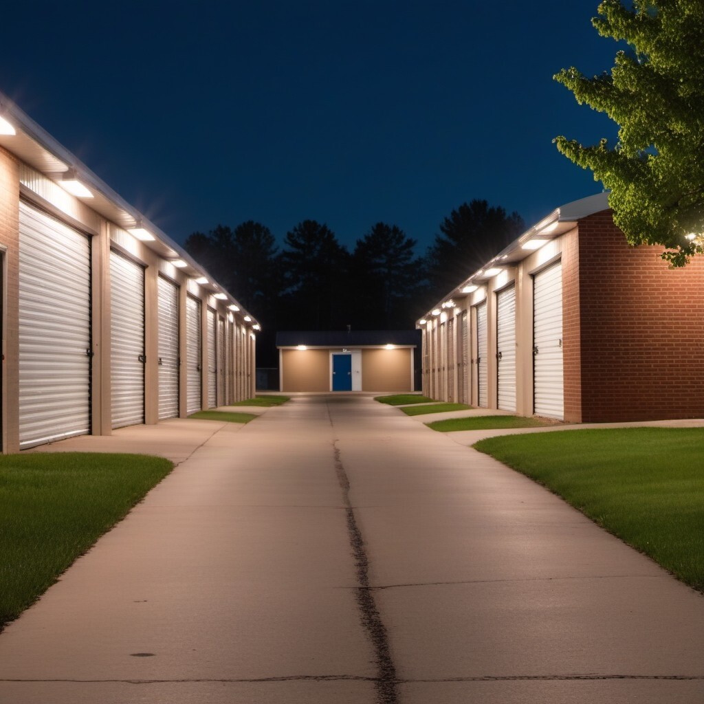 Rows of drive-up accessible self storage units at Centerville Secure Storage, featuring light brown brick facades and bright white roll-up garage doors. The well-maintained facility is surrounded by lush trees and offers a spacious parking area for easy l