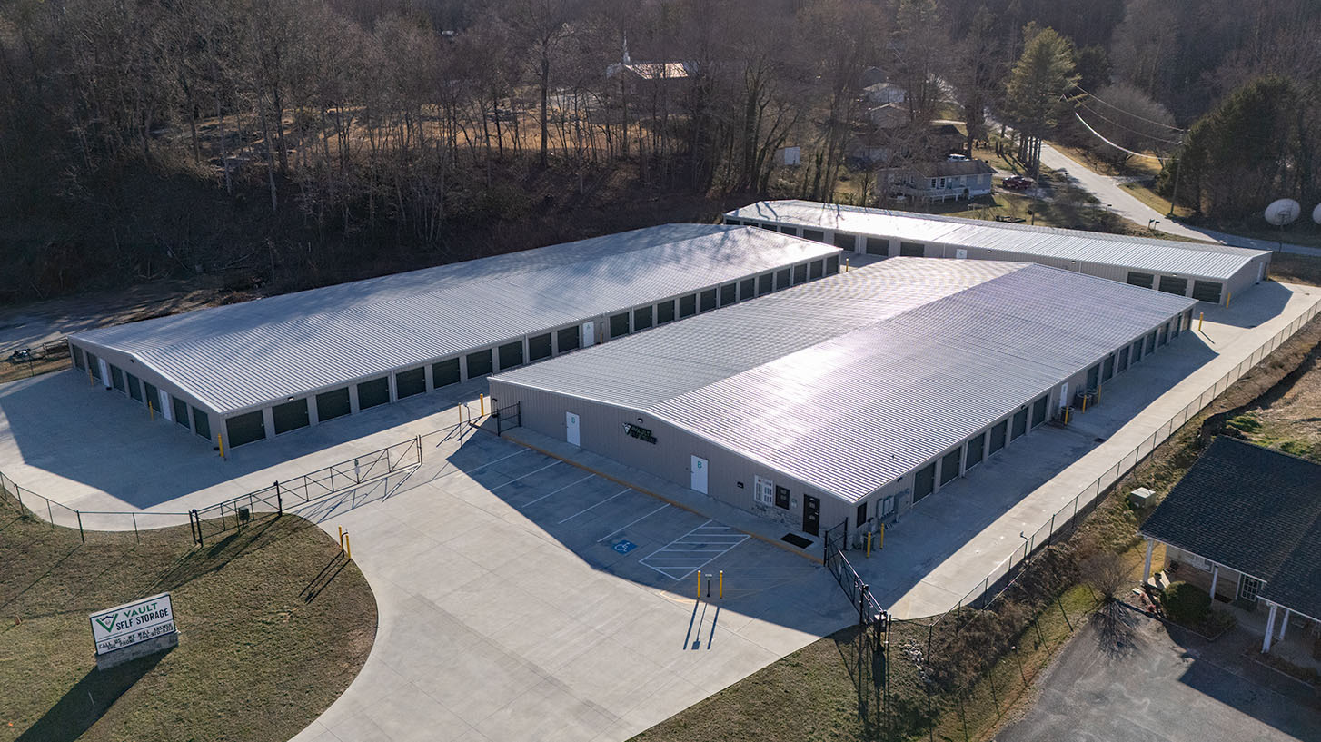 Aerial photo of self storage units near Clayton, GA in Rabun County with state-of-the-art security, climate controlled storage, and drive up storage units.