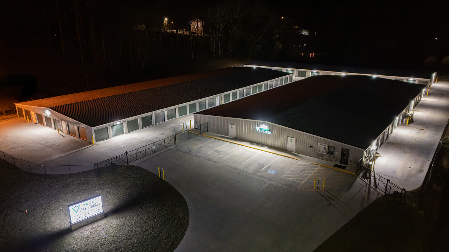 An aerial photo of the lighting to help with security for a self storage facility with drive up storage units in Clayton, GA