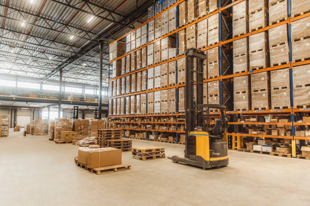 A spacious self-storage facility in Hillsborough County, FL filled with stacked pallets and forklifts in operation, showcasing an active logistics environment.