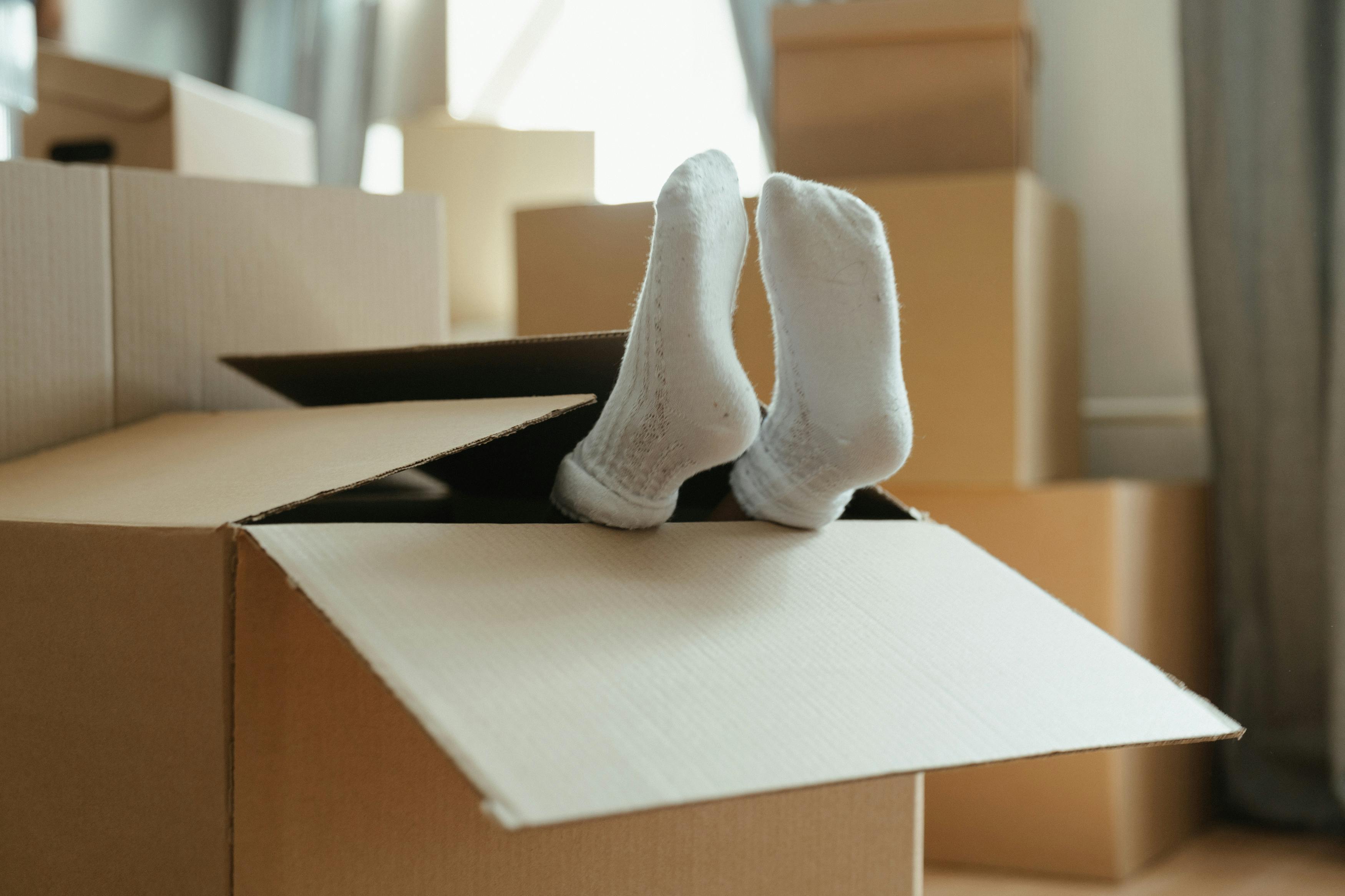 feet sticking out of a moving box