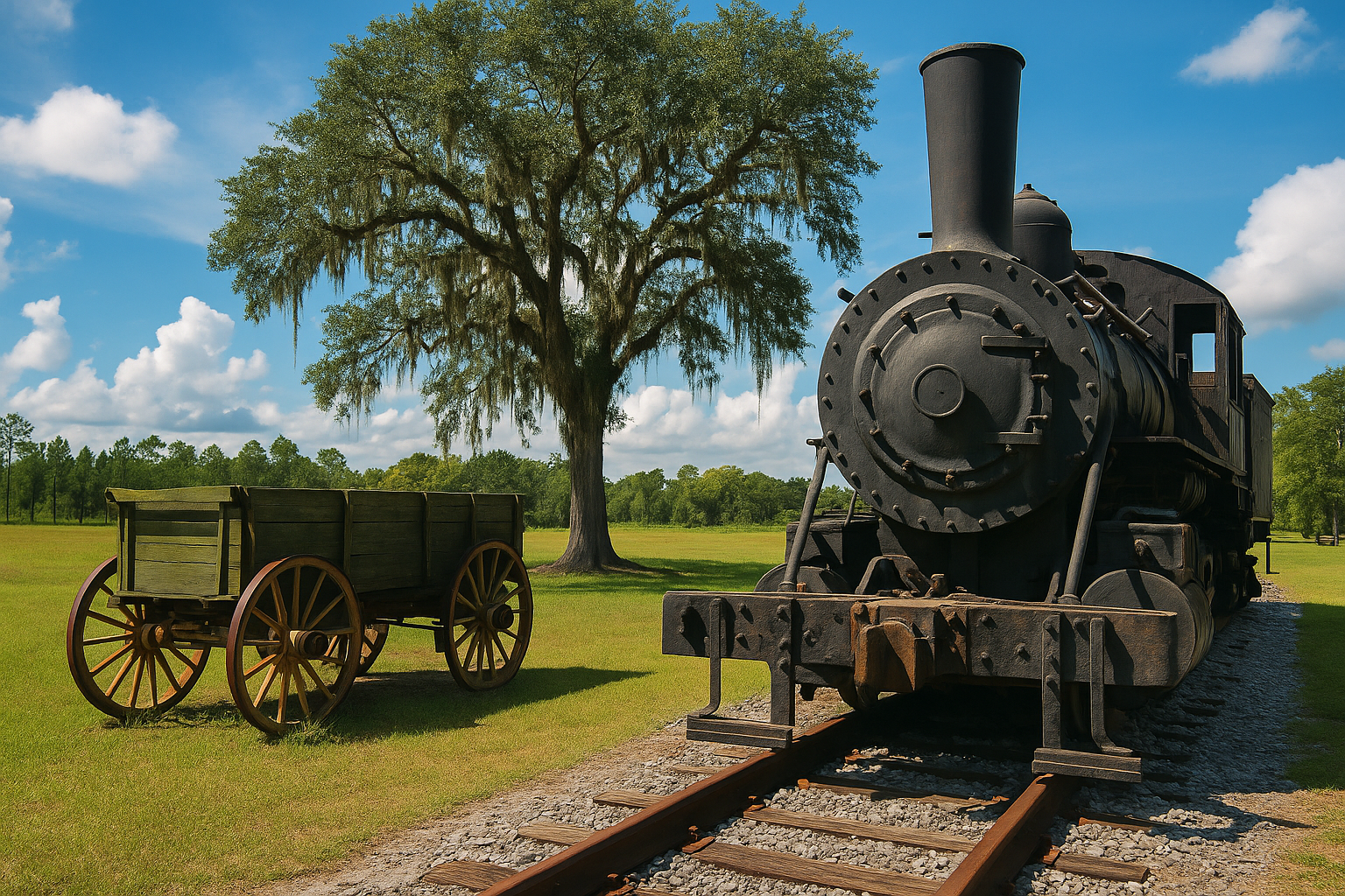 A vintage steam locomotive and wooden wagon set in a sunny rural field in Hamilton County, FL, with a large oak tree draped in Spanish moss—representing the area’s deep-rooted industrial and agricultural heritage.