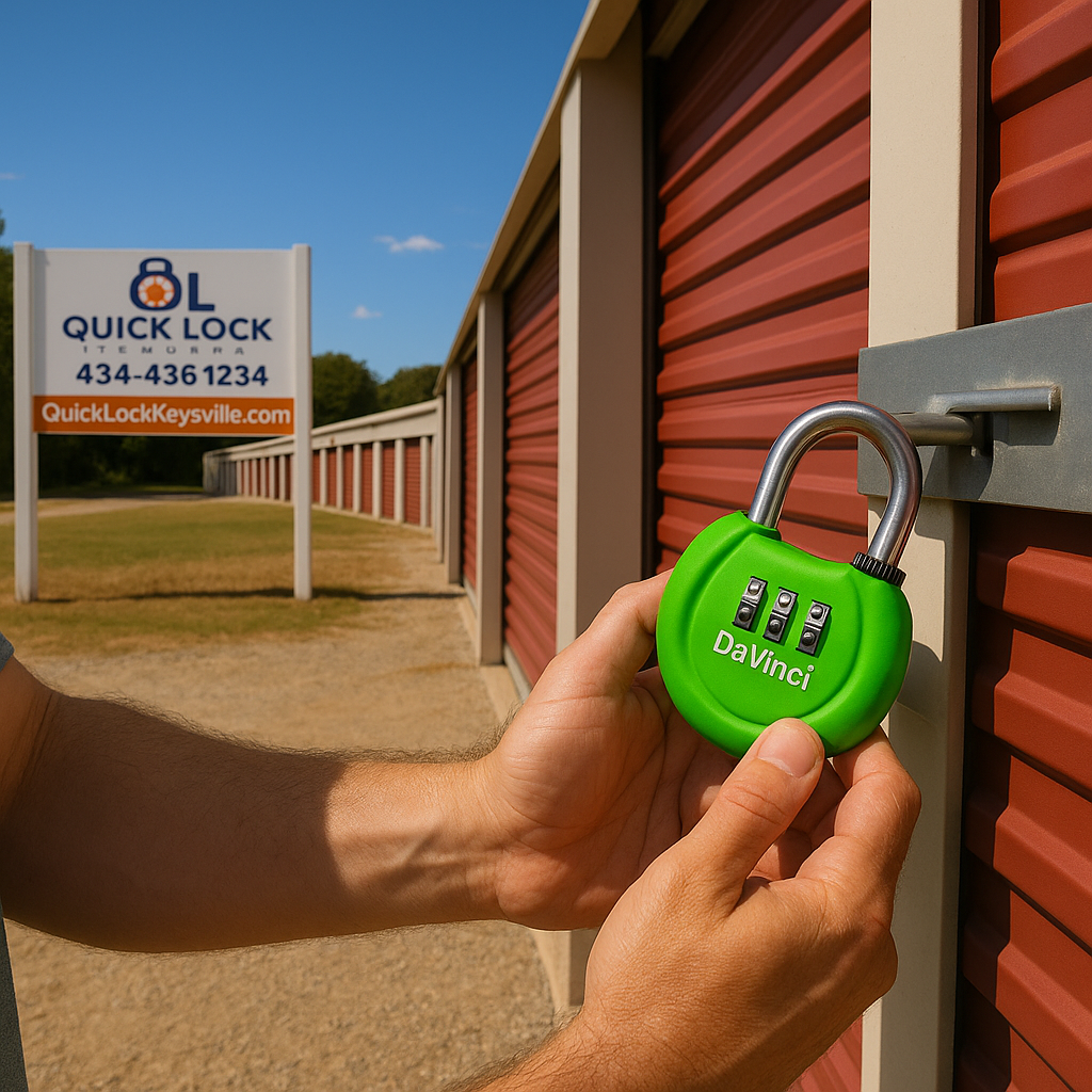 Customer unlocking a storage unit at Quick Lock Storage Keysville using a DaVinci smart lock system Customer unlocking a storage unit at Quick Lock Storage Keysville using a DaVinci smart lock system