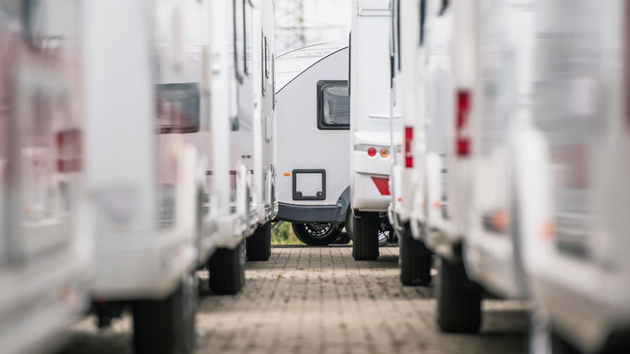 luxury rv storage with trucks lined up