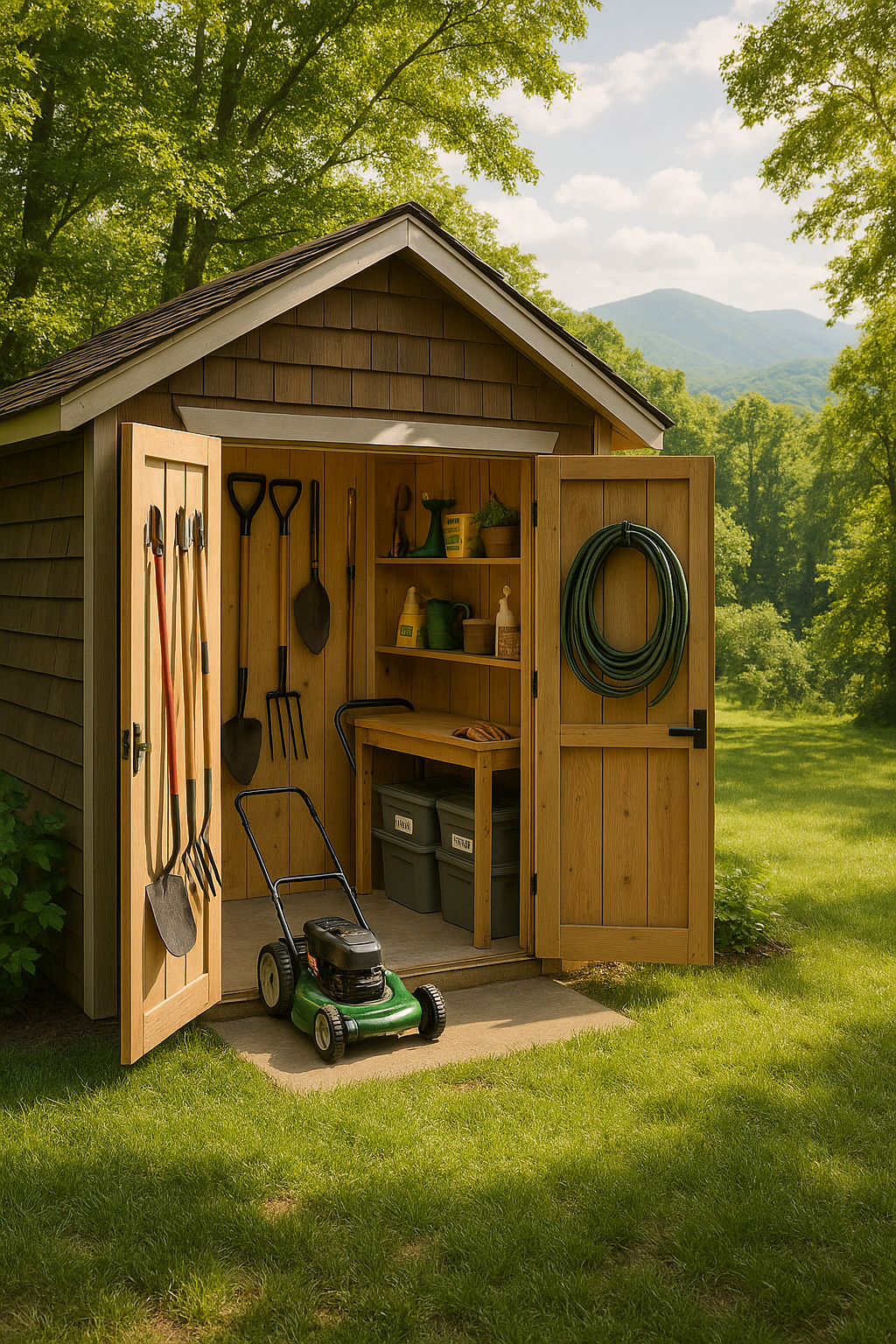 Backyard shed organized because excess is in a storage unit at Pride Storage Solution