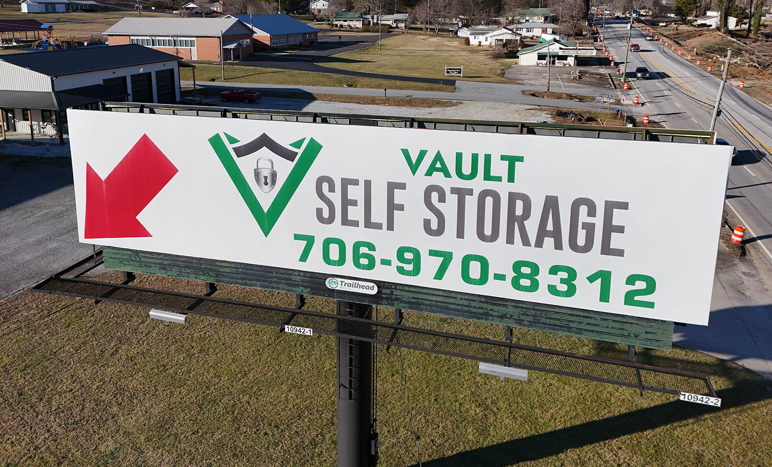 Main sign for Vault Self Storage, providing affordable storage units near Clayton, GA