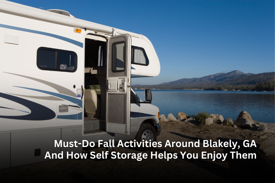 RV Parked by the lake with captions Blakely Self Storage Fall Activities