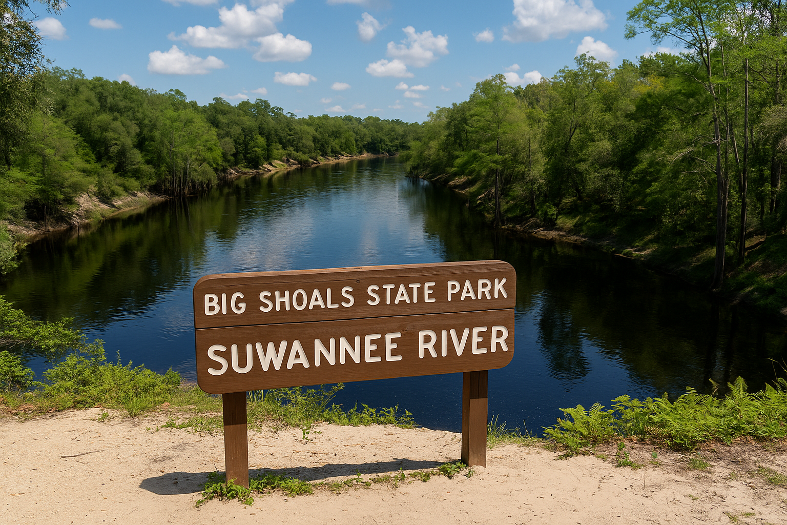 A serene view of the Suwannee River at Big Shoals State Park near Jasper, Florida. A sandy riverside trail leads toward calm, reflective water surrounded by lush green trees. A rustic wooden sign marks the park entrance under a bright blue sky.