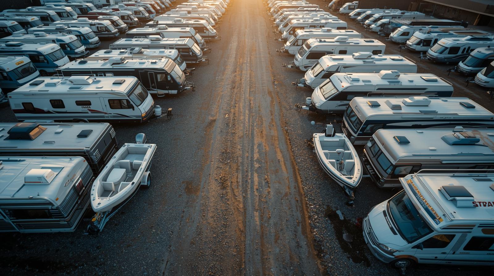 Outdoor storage lot filled with rows of RVs and boats parked side by side.