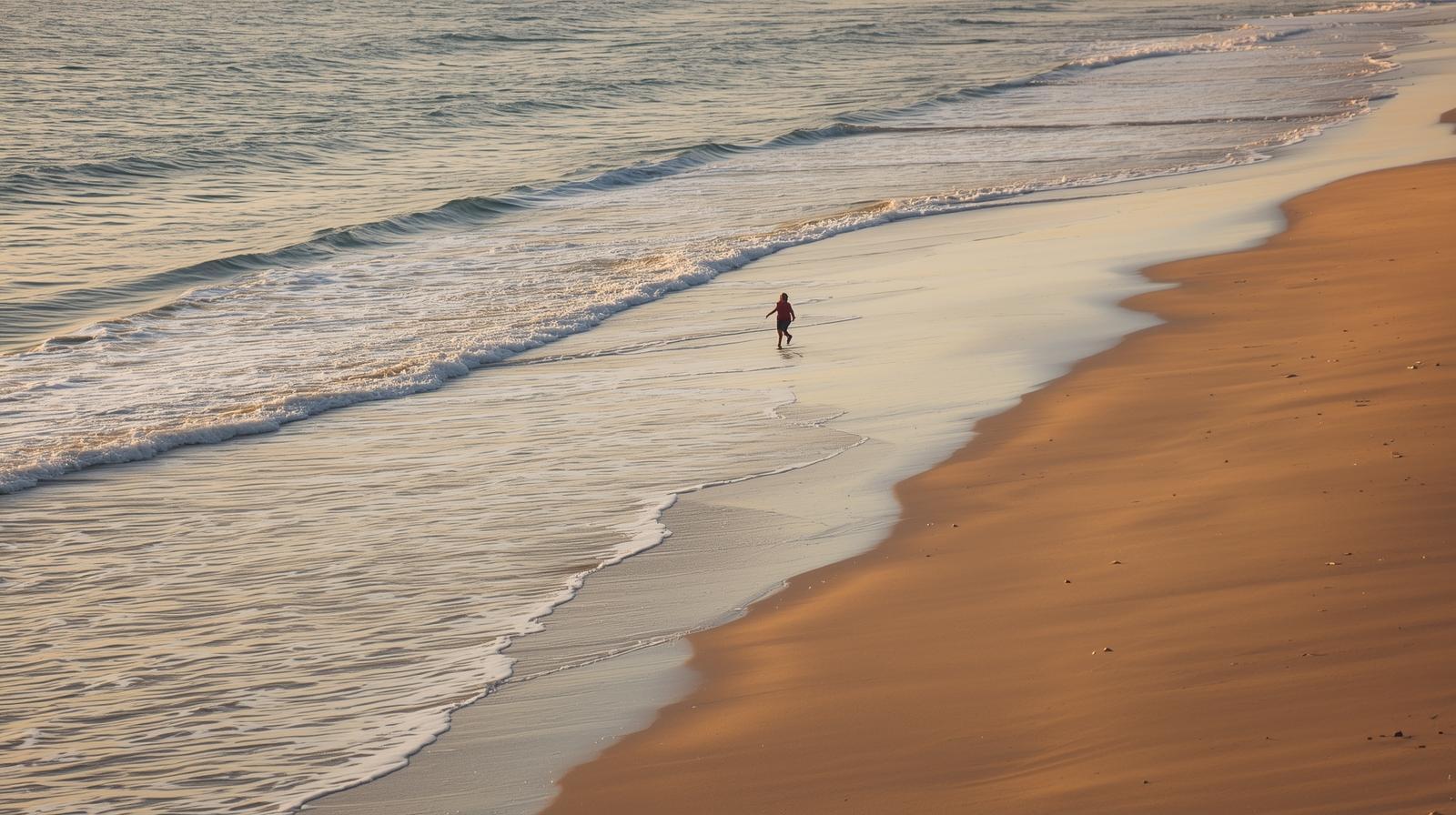 Person walking along a wide sandy beach at sunset, with waves gently rolling in and reflecting warm golden light.