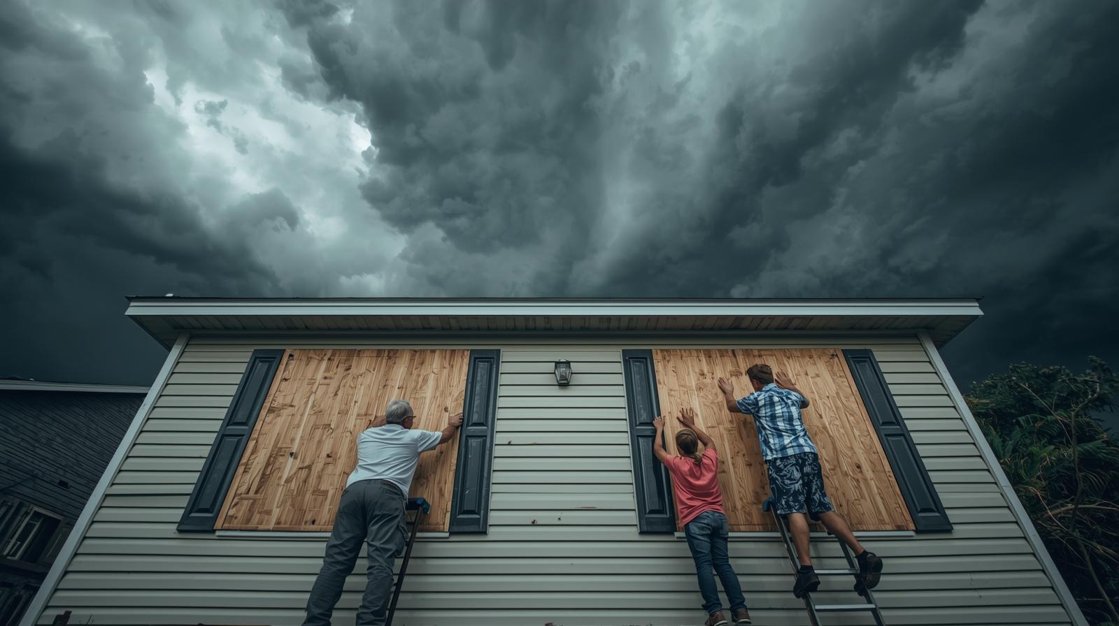 Three people boarding up windows on a house under dark storm clouds, preparing for an approaching hurricane.