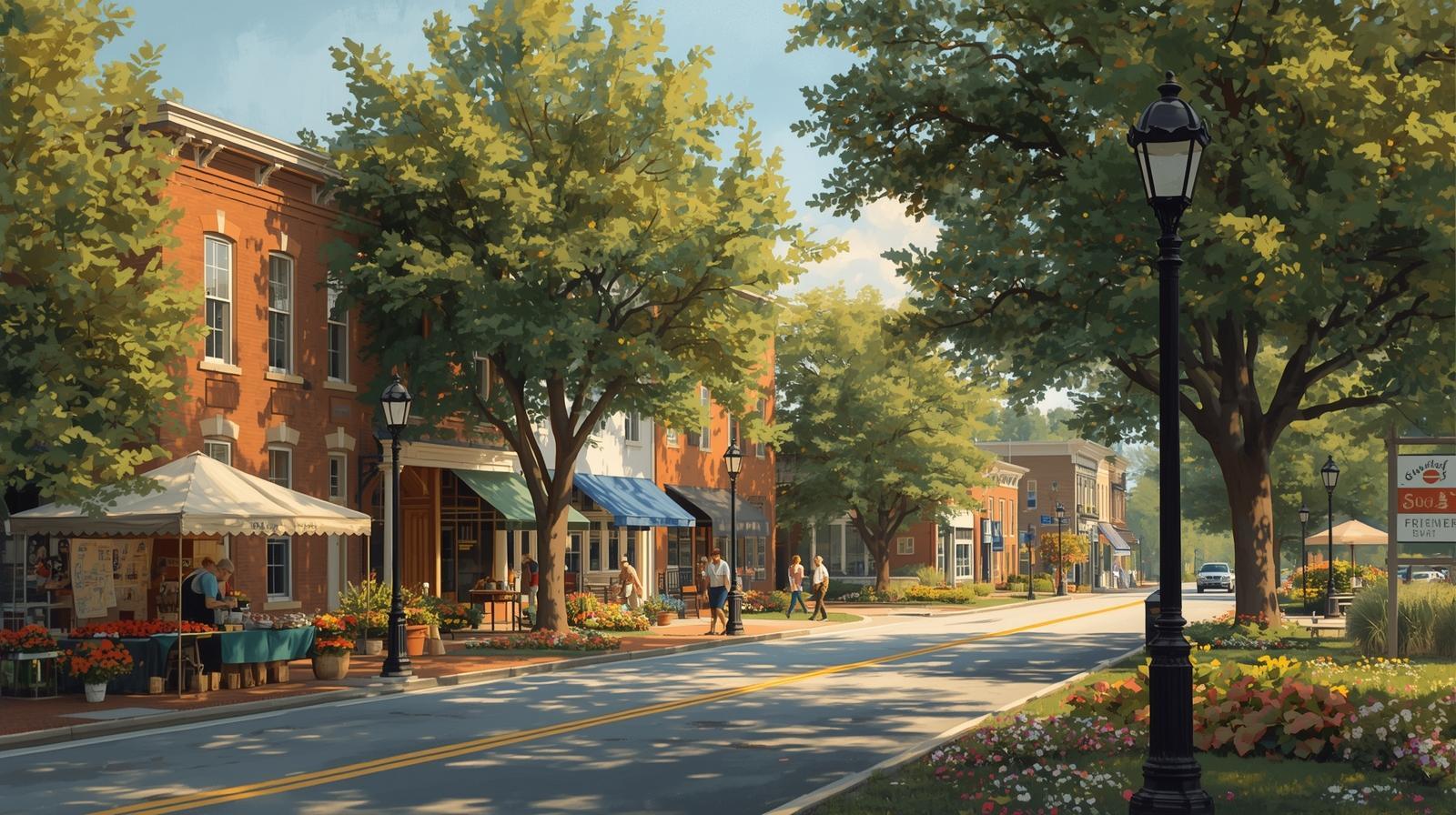 Charming downtown Rockingham, NC with brick buildings, shade trees, flower beds, and people strolling near a sidewalk market on a sunny day.