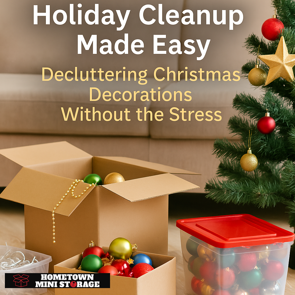 A cozy living room scene showing open cardboard boxes filled with colorful Christmas ornaments beside a partially undecorated Christmas tree. A red-lidded plastic bin is also visible, representing organized storage. The overlaid text reads: âHoliday Clean A cozy living room scene showing open cardboard boxes filled with colorful Christmas ornaments beside a partially undecorated Christmas tree. A red-lidded plastic bin is also visible, representing organized storage. The overlaid text reads: âHoliday Clean