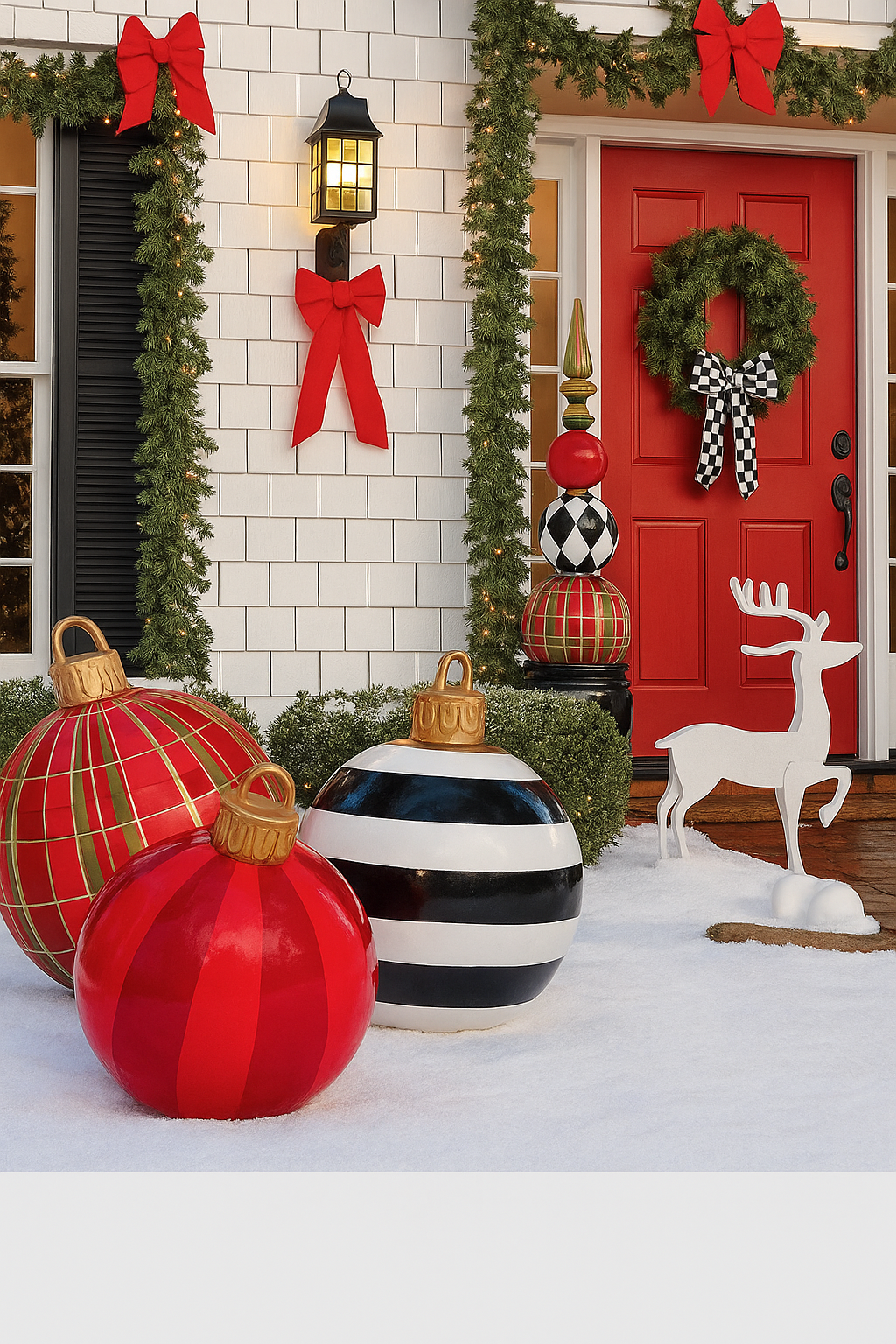 A snow-covered front porch decorated for Christmas with a red front door, green wreath, evergreen garlands, and large red, gold, and silver holiday ornaments arranged on the steps and lawn. The home features white siding and black shutters. A snow-covered front porch decorated for Christmas with a red front door, green wreath, evergreen garlands, and large red, gold, and silver holiday ornaments arranged on the steps and lawn. The home features white siding and black shutters.