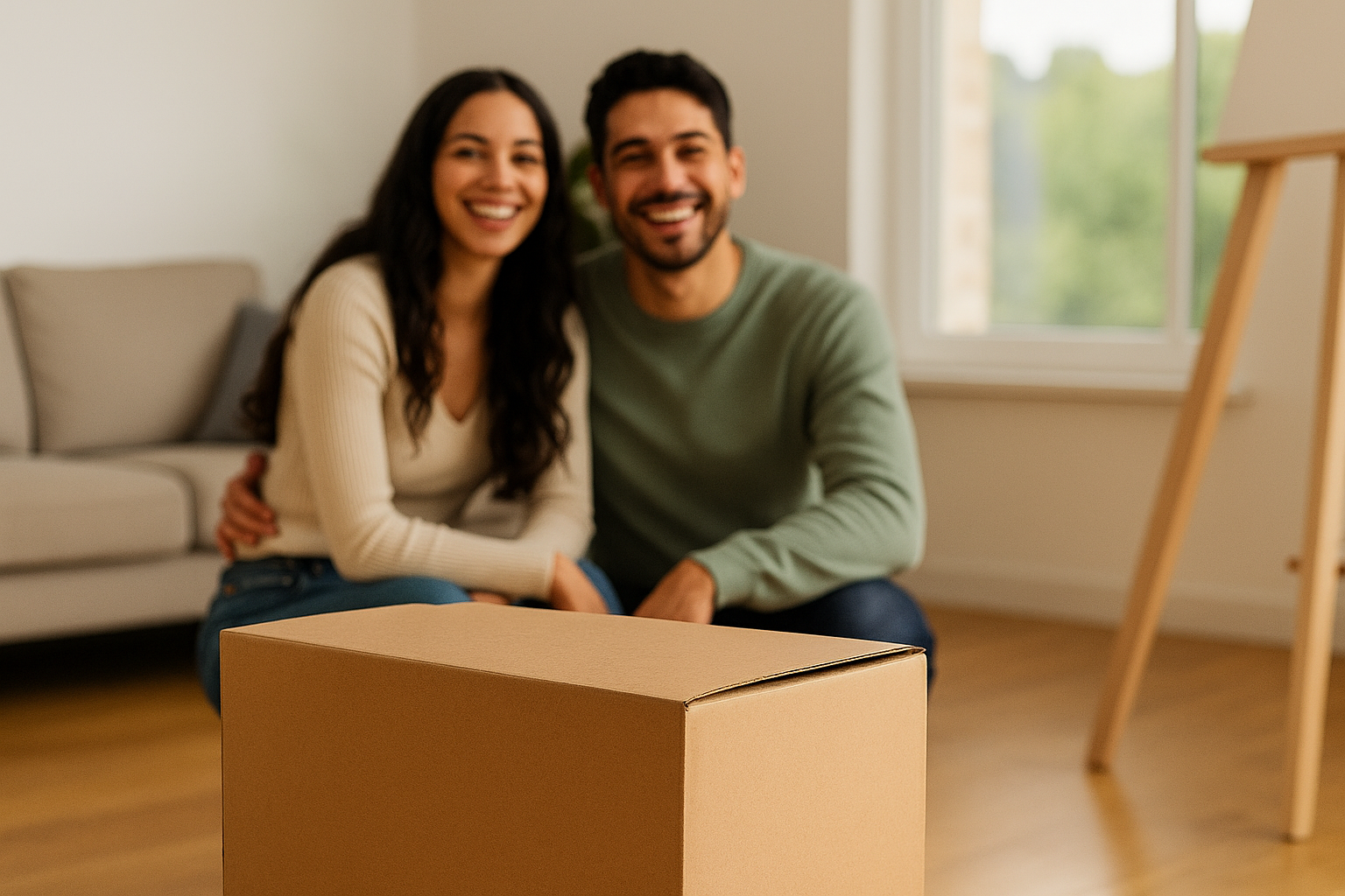 A smiling young couple stands in front of their new home, surrounded by moving boxes and greenery, celebrating their recent home purchase.