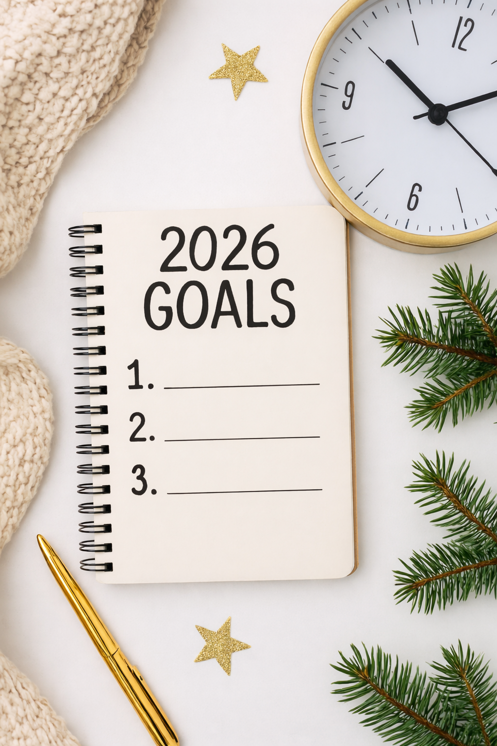 A spiral-bound notebook open to a page labeled “2026 Goals” resting on a rustic wooden desk with a cozy background, symbolizing New Year planning and personal resolutions.