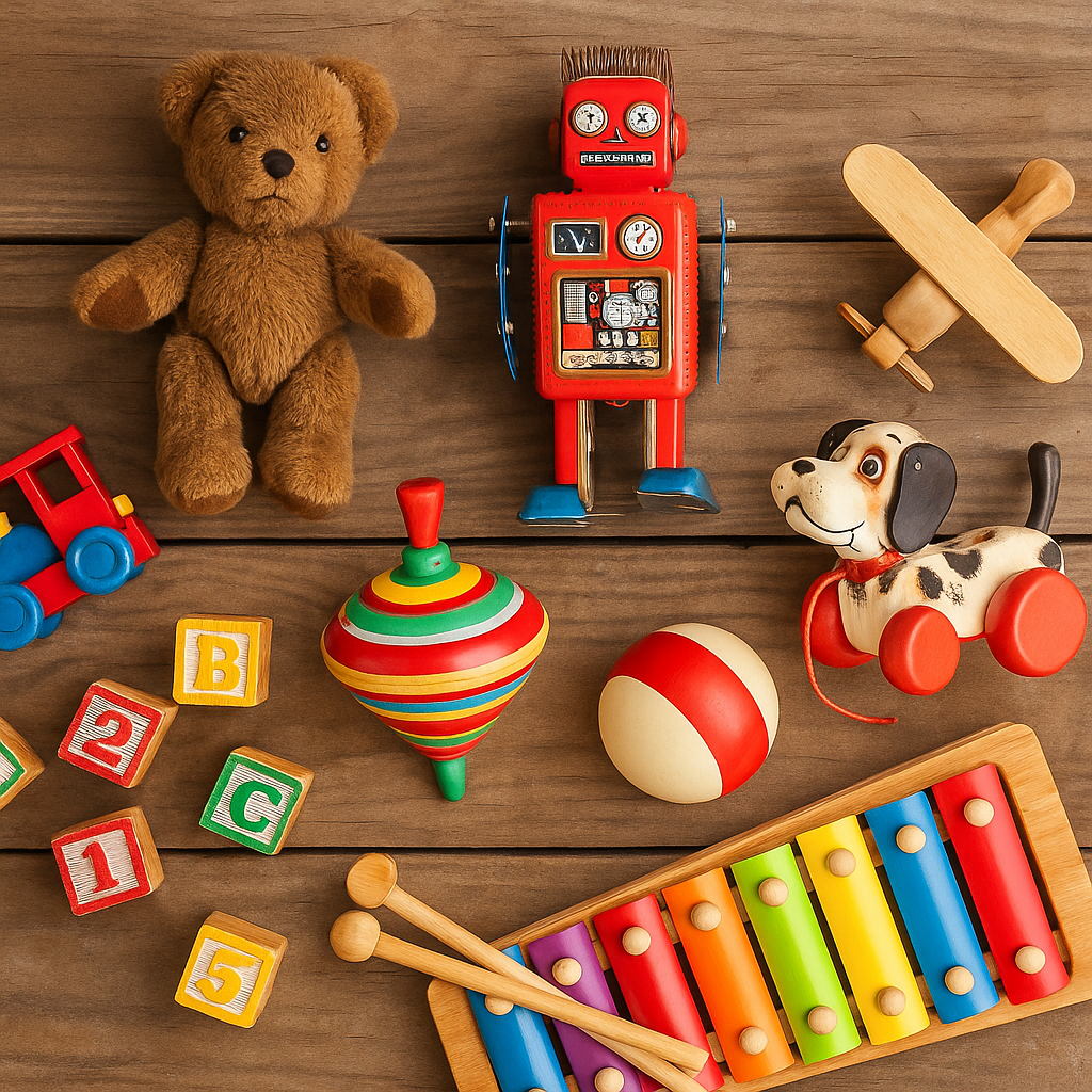 A colorful assortment of vintage toys including wooden blocks, classic cars, and retro figurines displayed on a rustic wooden surface, evoking childhood nostalgia and collectible charm. A colorful assortment of vintage toys including wooden blocks, classic cars, and retro figurines displayed on a rustic wooden surface, evoking childhood nostalgia and collectible charm.