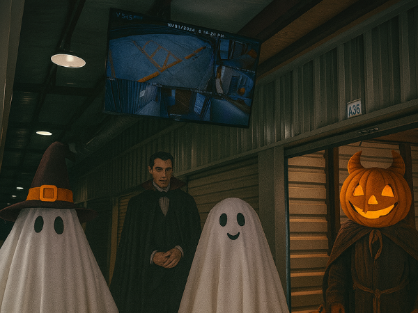 Halloween themed photo of storage units and ghosts and halloween characters
