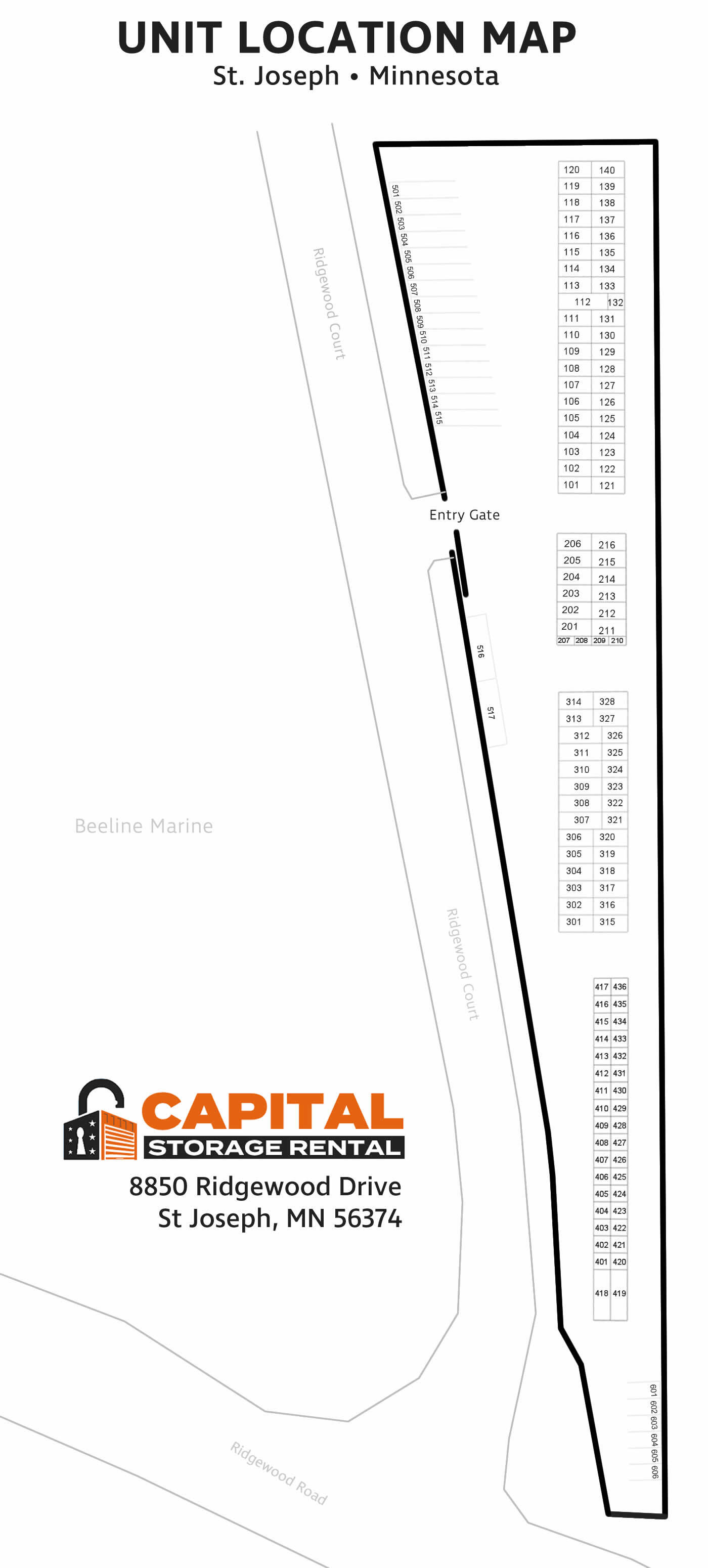 Map of Capital Storage near me Mini Storage facility with outdoor RV trailer parking