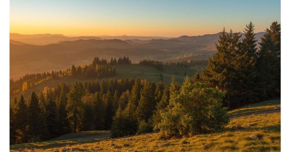 Sunset view over rolling hills and evergreen forests near Aurora, Oregon.