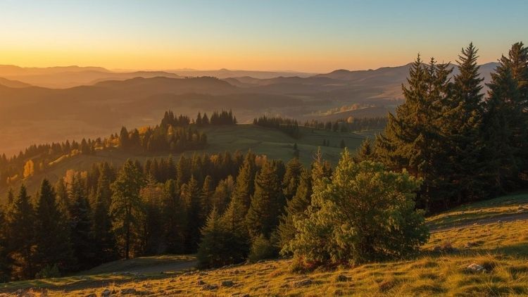Sunset view over rolling hills and evergreen forests near Aurora, Oregon. Sunset view over rolling hills and evergreen forests near Aurora, Oregon.