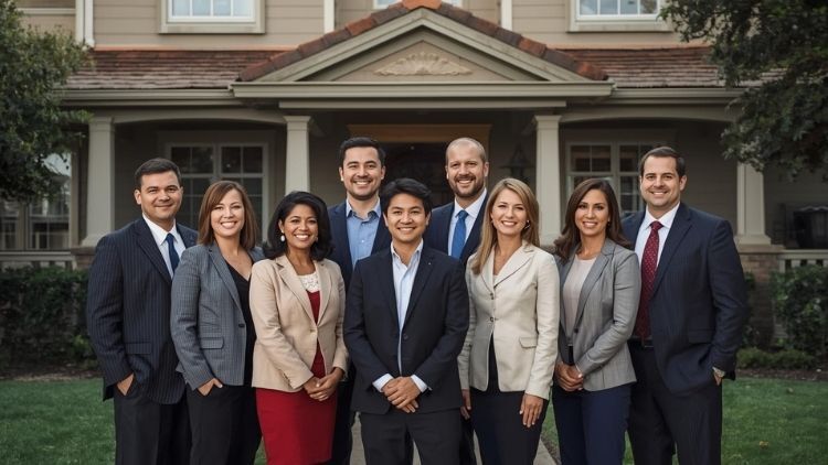 Group of professional real estate agents standing together in front of a house.