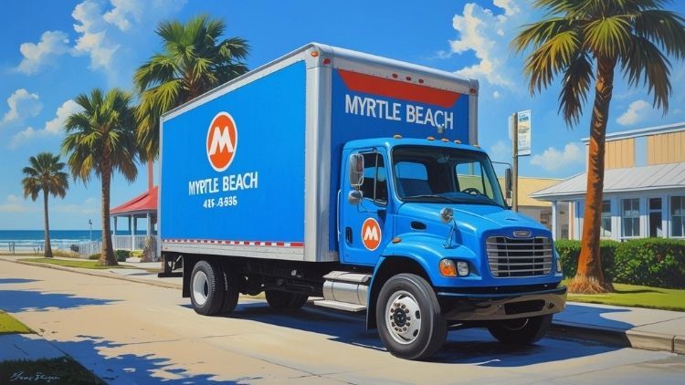 Blue moving truck with Myrtle Beach branding parked near palm trees and the ocean, representing professional moving services in Myrtle Beach, South Carolina.