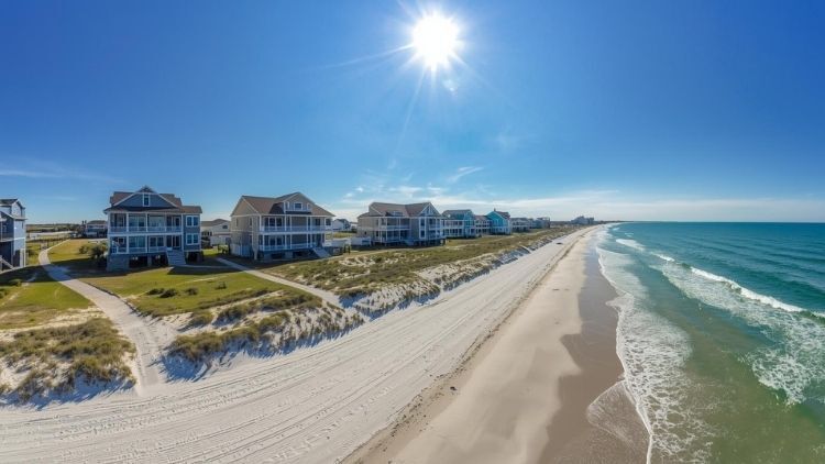 Row of beachfront homes along sandy coastline under bright sun.