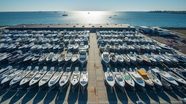 Rows of boats stored in a marina lot near the ocean.