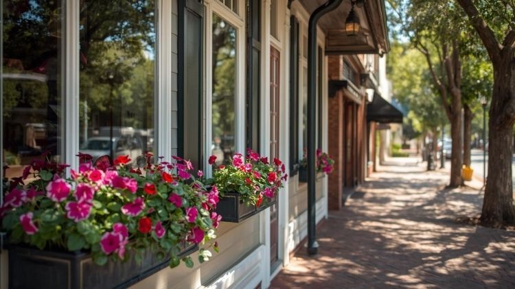 Colorful flowers in window boxes along a charming brick sidewalk in downtown Warrenton, GA. Colorful flowers in window boxes along a charming brick sidewalk in downtown Warrenton, GA.