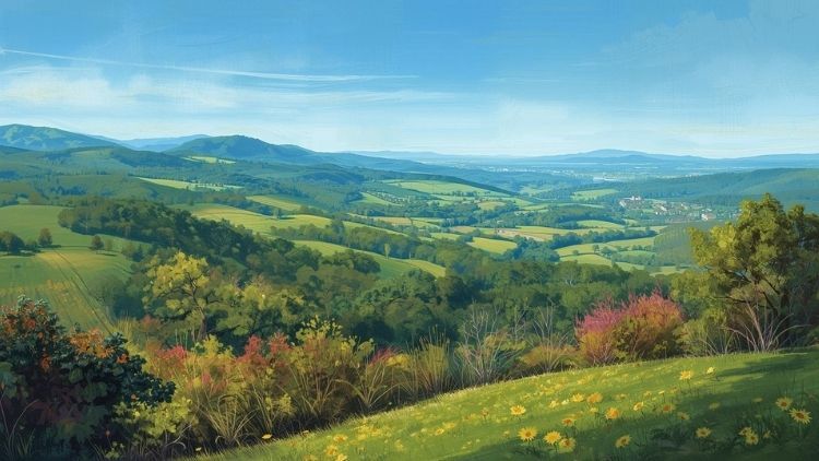 Scenic view of rolling green hills and valleys near Signal Mountain under a clear blue sky. Scenic view of rolling green hills and valleys near Signal Mountain under a clear blue sky.