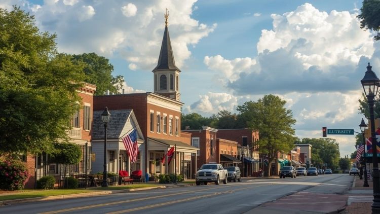 Downtown Eufaula, Alabama with historic brick buildings, church steeple, and American flags lining the street on a sunny day. Downtown Eufaula, Alabama with historic brick buildings, church steeple, and American flags lining the street on a sunny day.