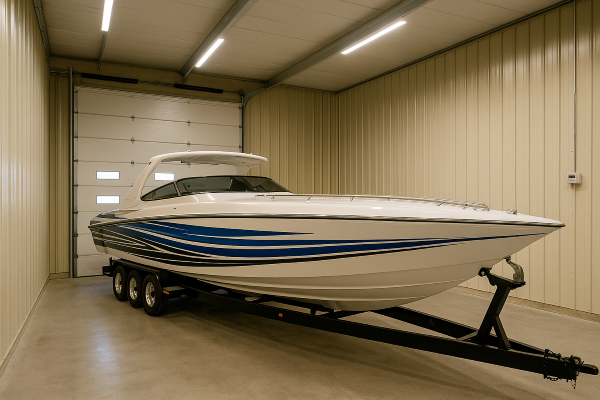 40-ft performance powerboat on a triple-axle trailer parked inside a 50-foot-deep indoor storage bay with 12×14 overhead door, LED lighting, and paved floor—ideal clearance and length for RV and large boat storage near West Bend/Kewaskum. 40-ft performance powerboat on a triple-axle trailer parked inside a 50-foot-deep indoor storage bay with 12×14 overhead door, LED lighting, and paved floor—ideal clearance and length for RV and large boat storage near West Bend/Kewaskum.