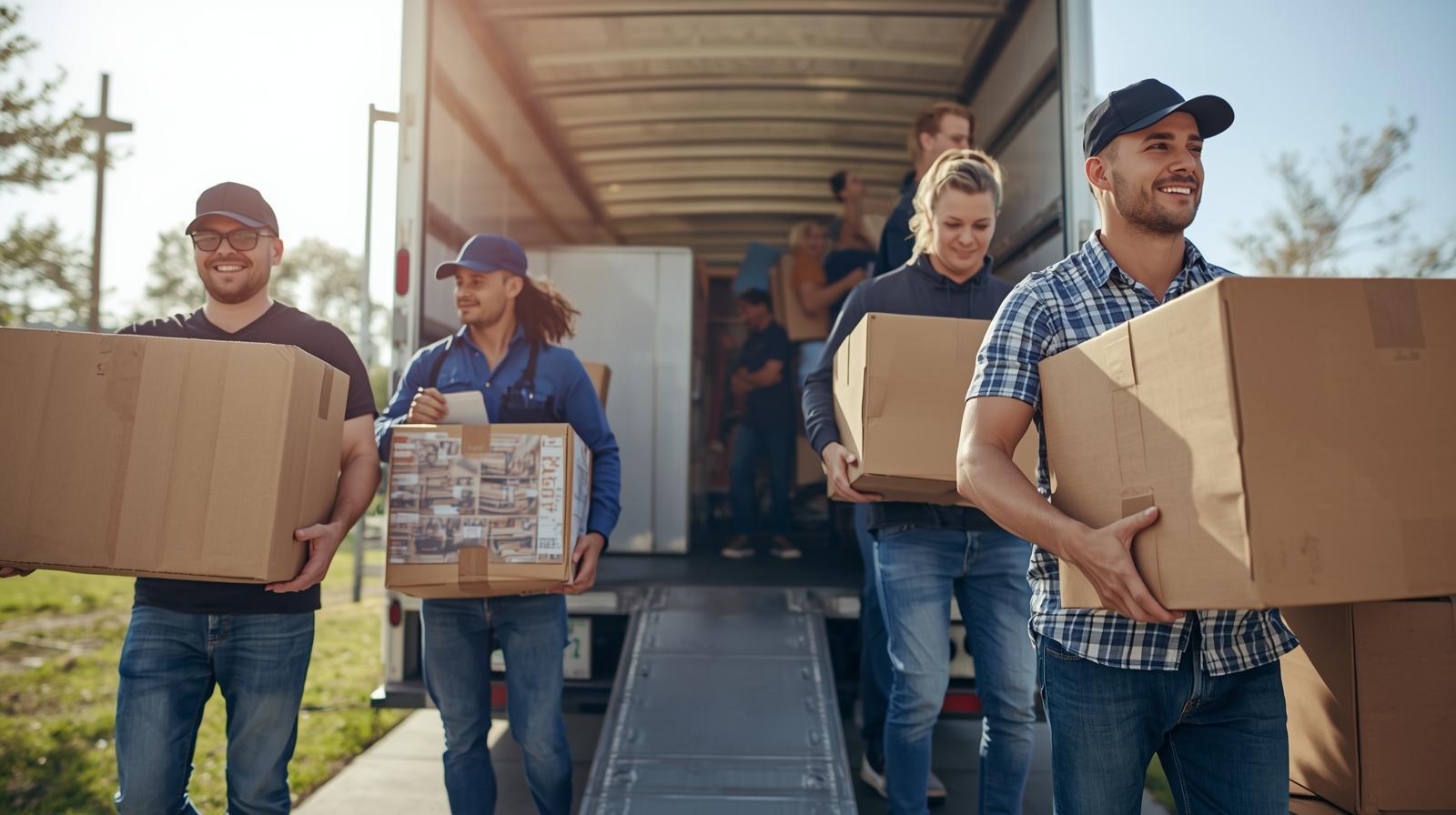 Movers carrying cardboard boxes from a truck during a sunny day.