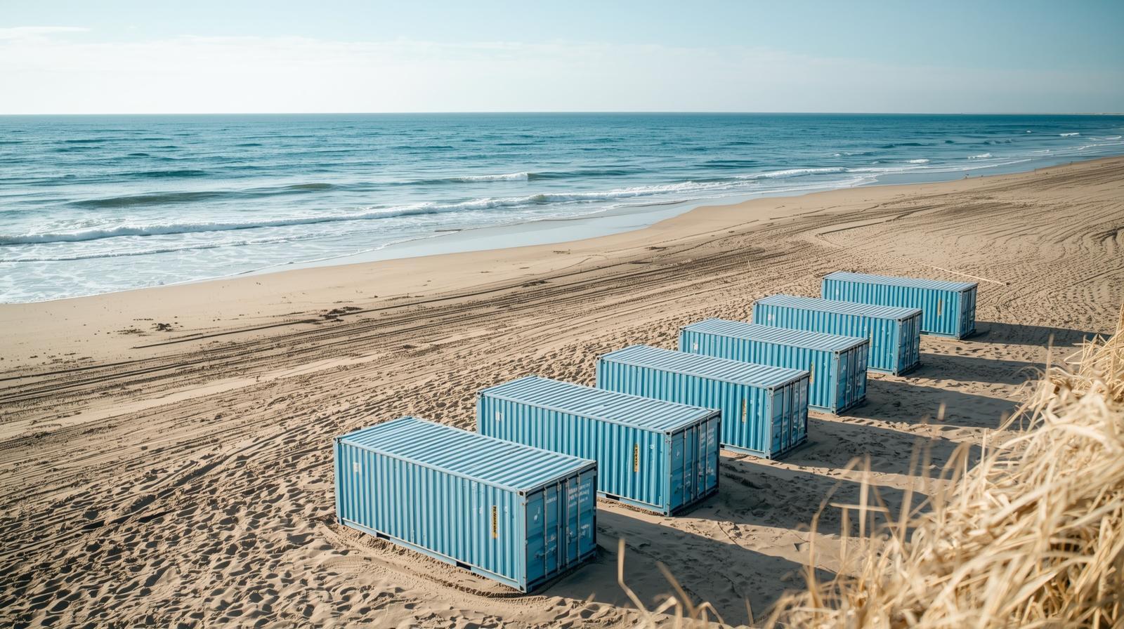Rows of blue storage containers lined up on a sandy beach near the ocean. Rows of blue storage containers lined up on a sandy beach near the ocean.