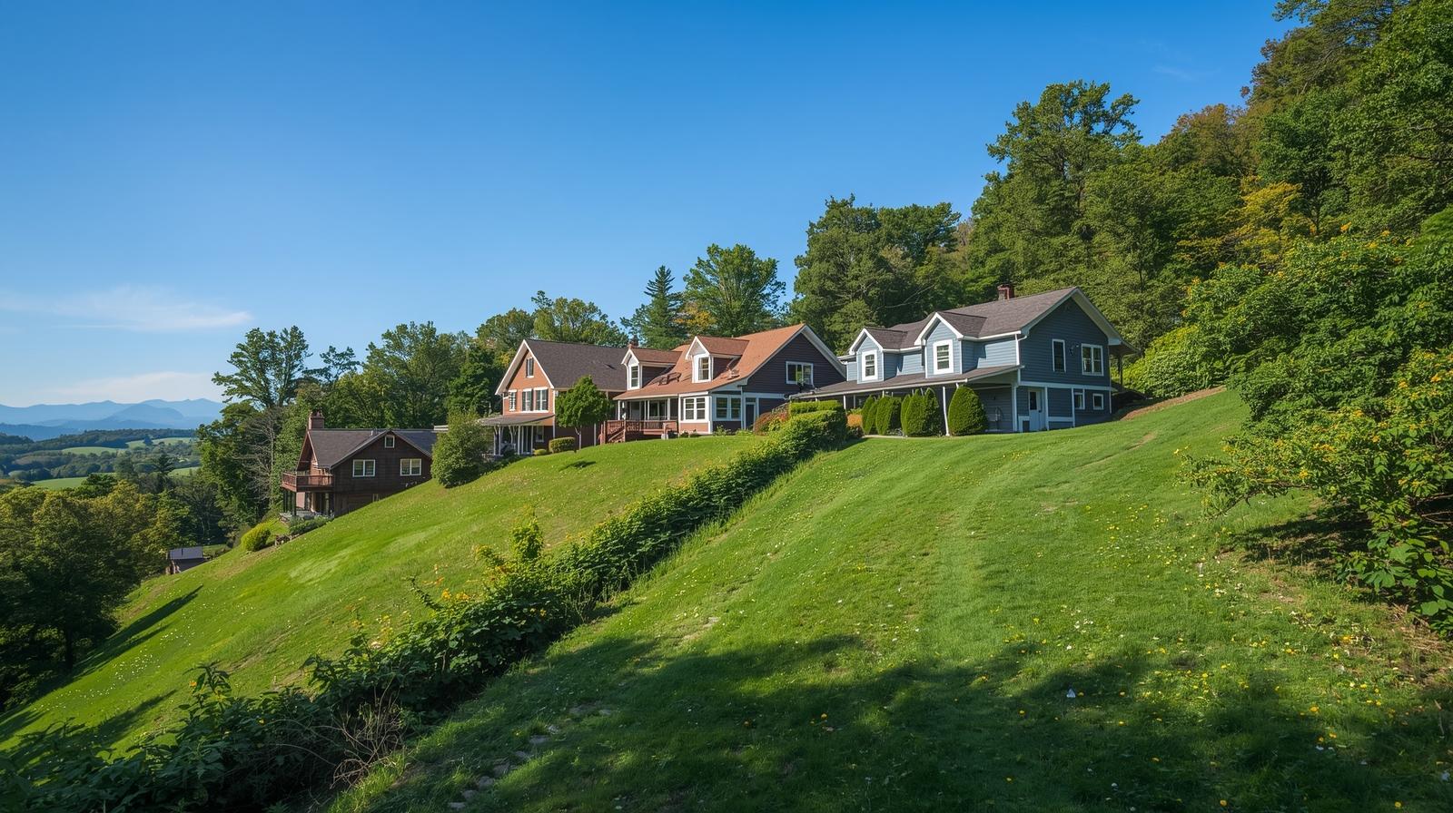 Houses along a green hillside overlooking the mountains in Signal Mountain.