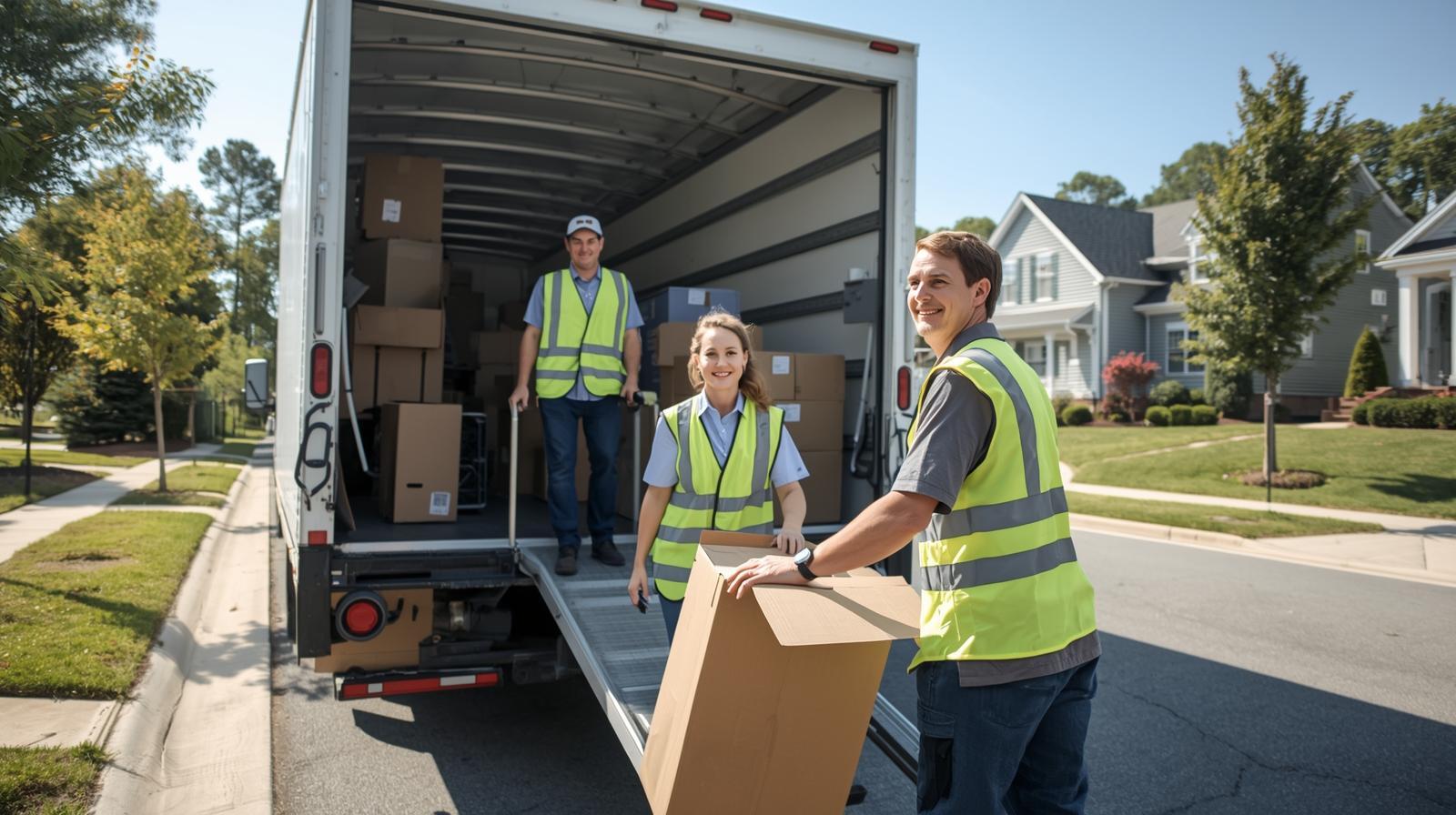 Moving company crew unloading boxes from a truck in a residential neighborhood