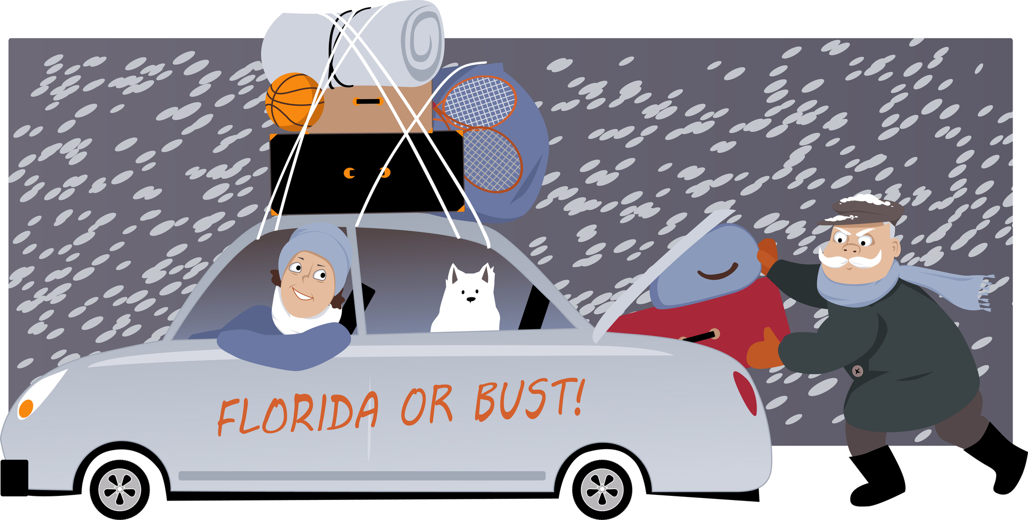 Cartoon image of older couple loading a car in the snow to drive to Florida Cartoon image of older couple loading a car in the snow to drive to Florida
