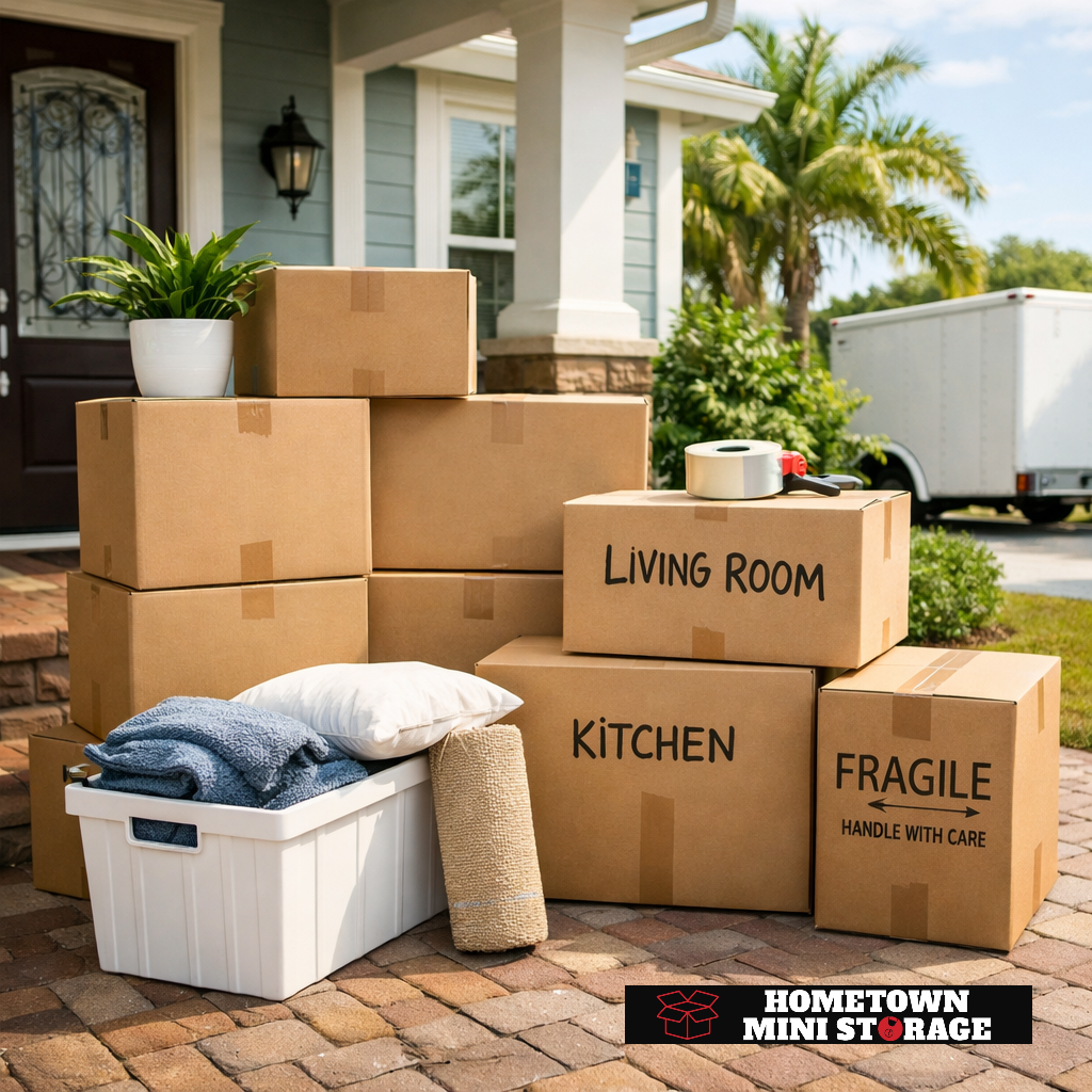 A photograph of moving boxes stacked neatly in front of a home in North Florida, symbolizing a clean and organized move with the help of self storage.