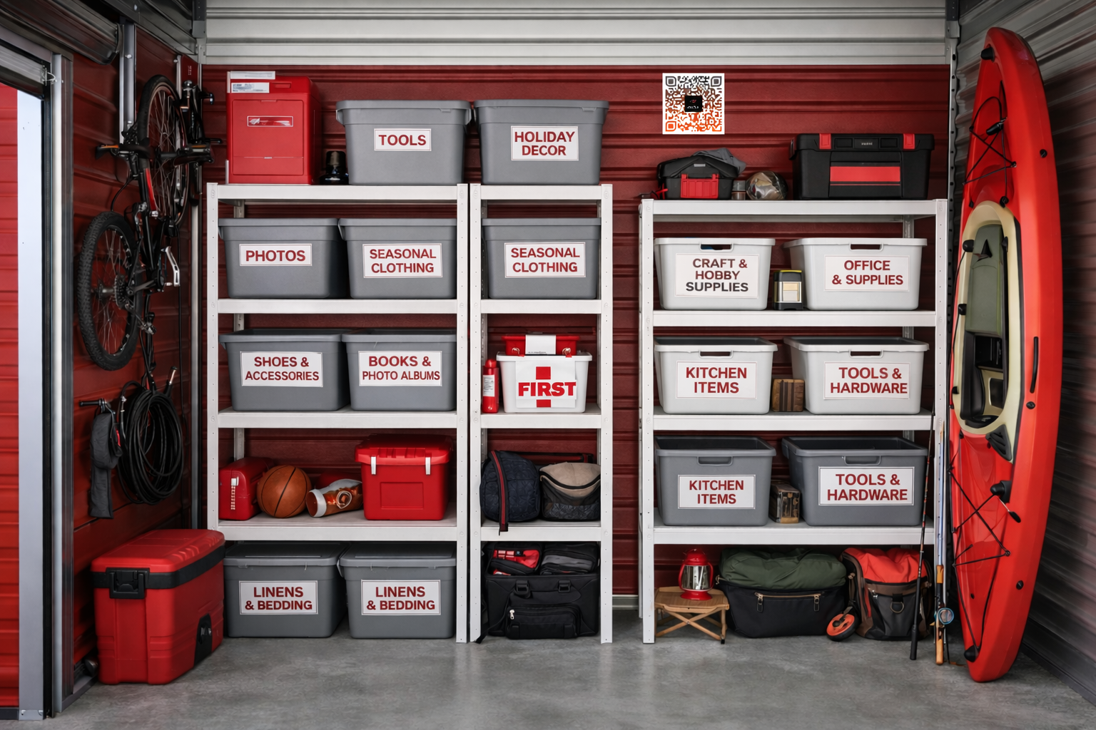 A clean, organized garage with labeled plastic bins and North Florida gardening tools stored on a rack