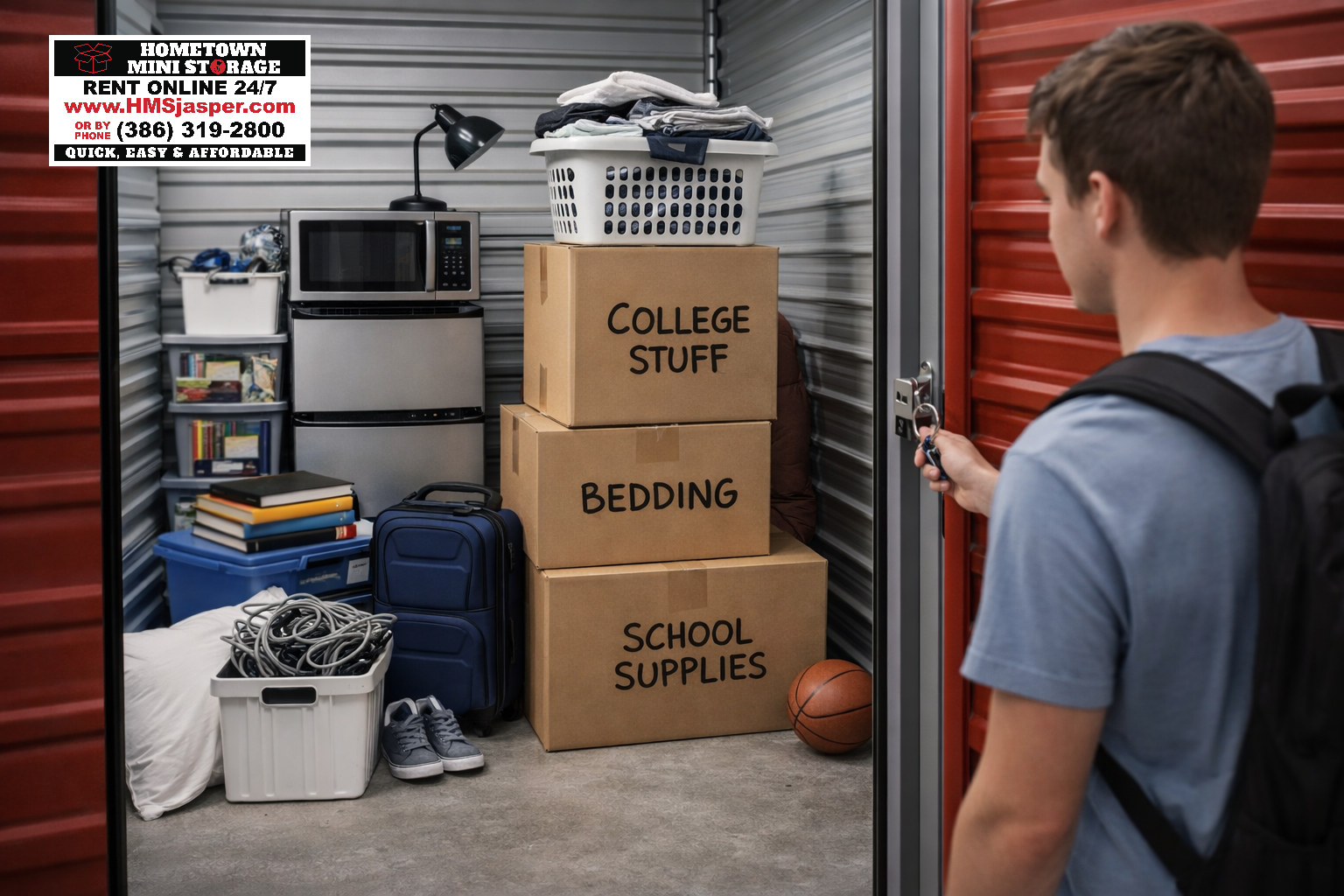 Stacked moving boxes and dorm room essentials in a self-storage unit with a college student unlocking the door