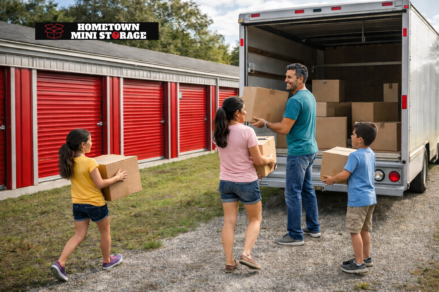 A family loading boxes into a moving truck beside a storage unit in rural Florida