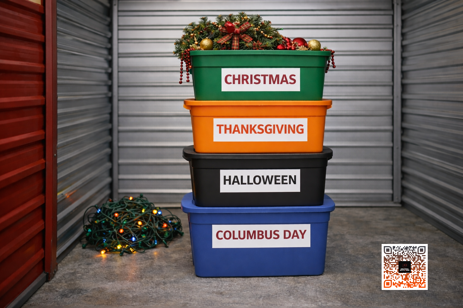 A stack of color-coded bins with holiday labels beside a festive wreath and outdoor lights in a storage unit