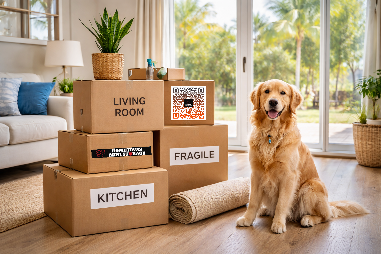 A golden retriever sits next to a stack of moving boxes in a sunlit Florida living room A golden retriever sits next to a stack of moving boxes in a sunlit Florida living room