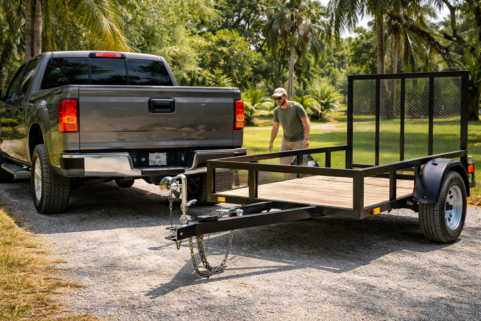 A pickup truck backing up to connect to a utility trailer on a sunny day in North Florida A pickup truck backing up to connect to a utility trailer on a sunny day in North Florida