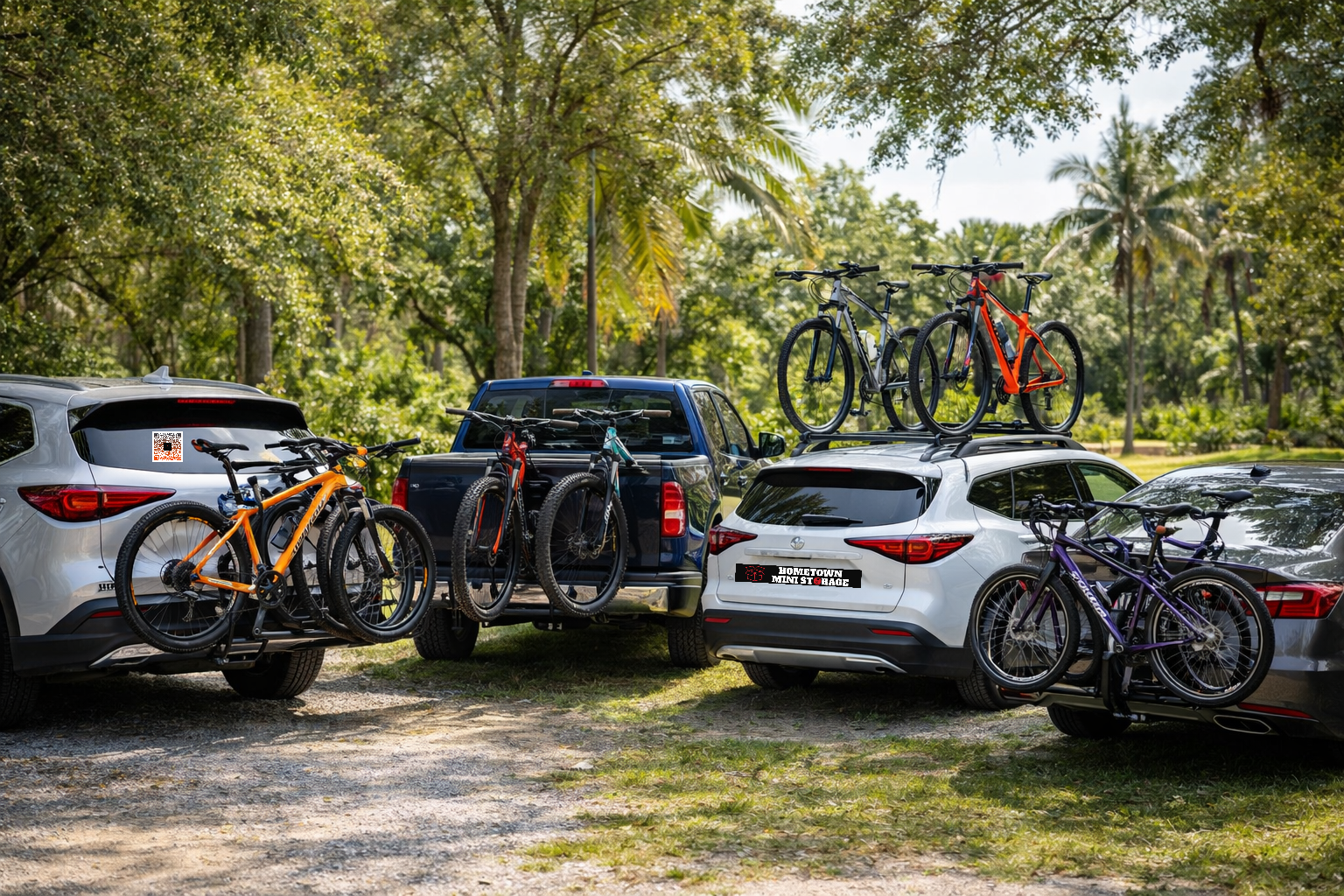A variety of bike racks mounted on different vehicles in an outdoor Florida setting