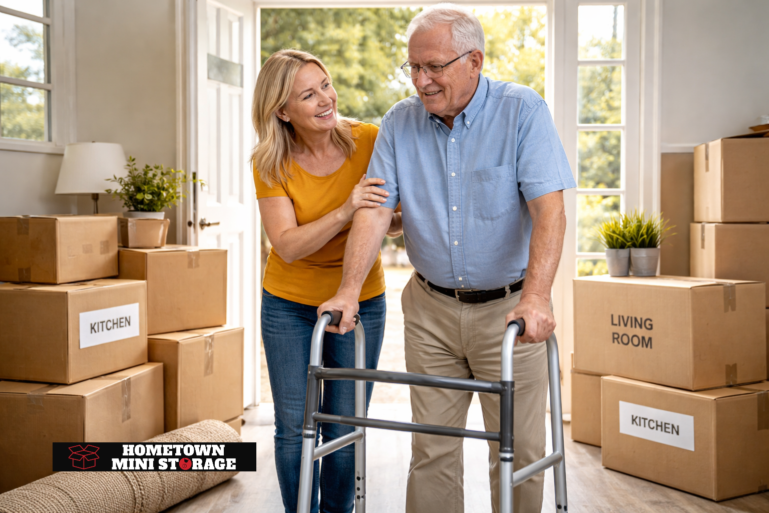 A senior adult using a walker moves into a new home with the help of a family member, surrounded by packed boxes A senior adult using a walker moves into a new home with the help of a family member, surrounded by packed boxes
