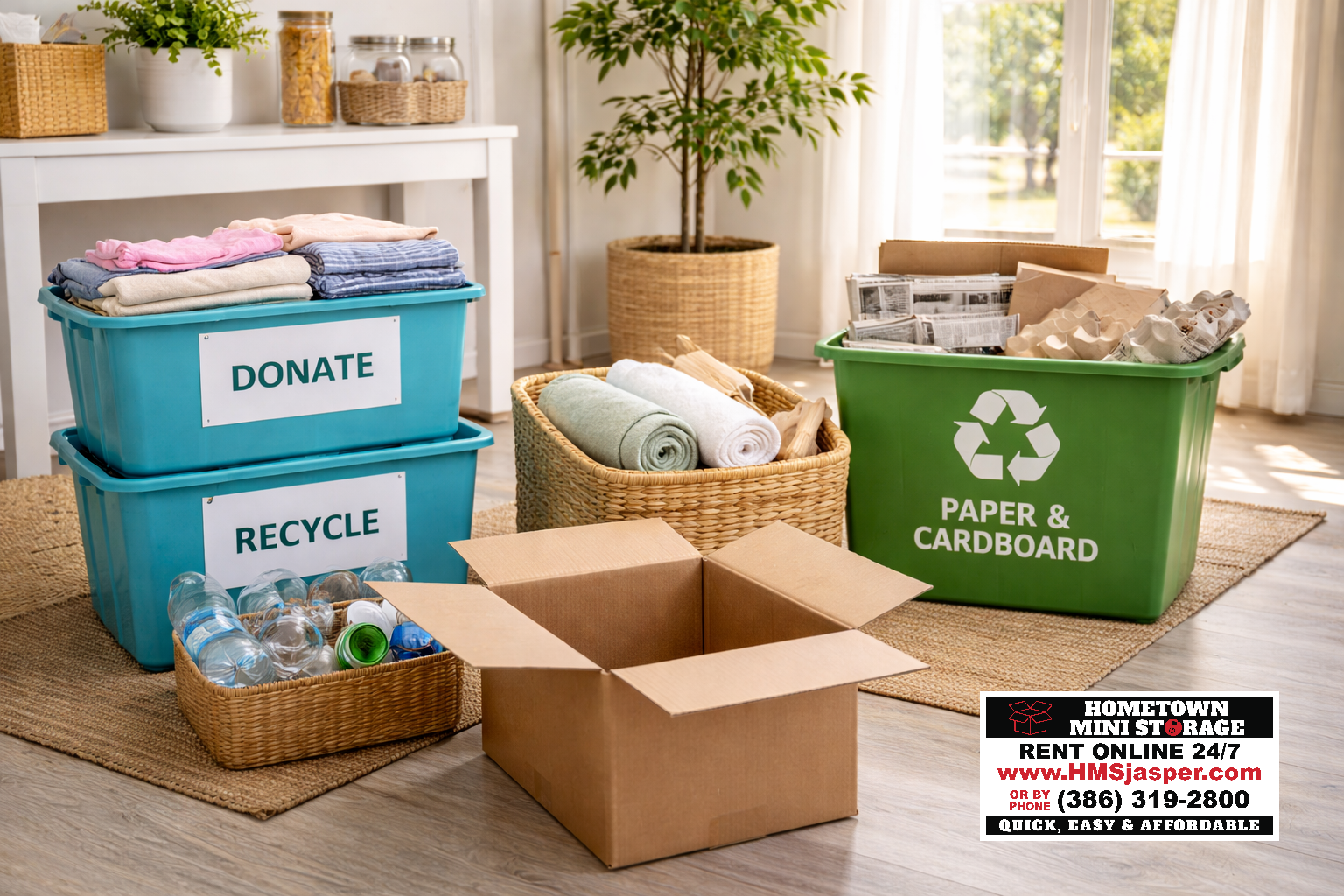 An open cardboard box sits next to reusable bins, towels, and recycled materials in a bright, tidy room
