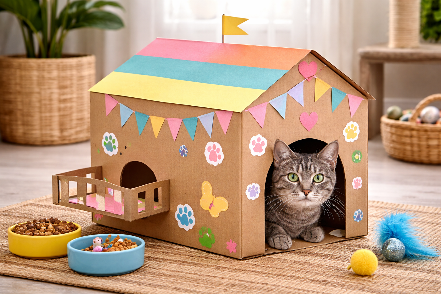 A gray tabby cat peeks out from a handmade cardboard cat house decorated with colorful paper and stickers