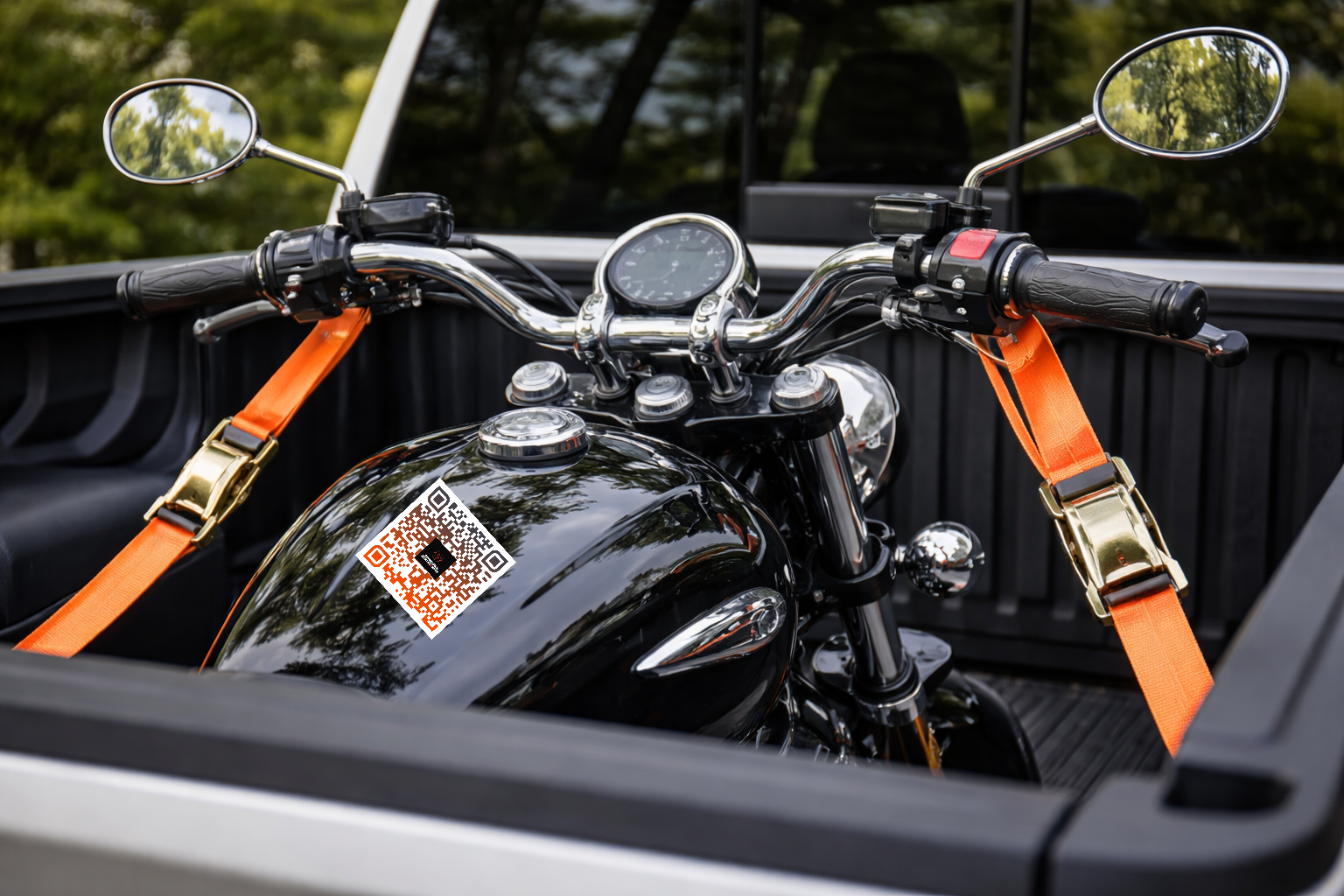 Close-up of motorcycle handlebars secured with bright orange ratchet straps inside a truck bed